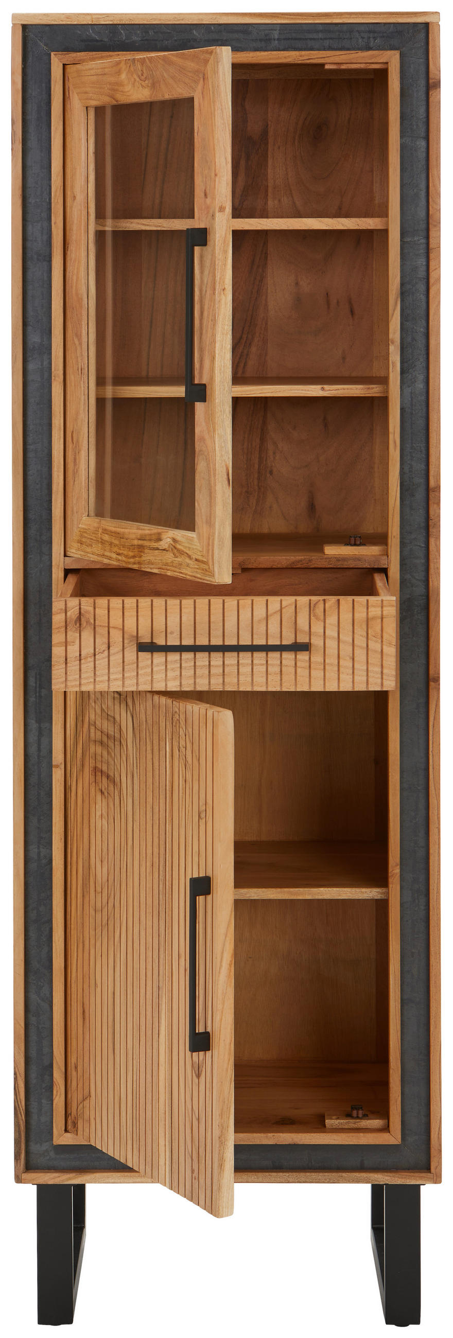 VITRINSKÅP  i massiv akacia svart, akaciefärgad  - svart/akaciefärgad, Lifestyle, metall/trä (60/185/40cm) - MID.YOU