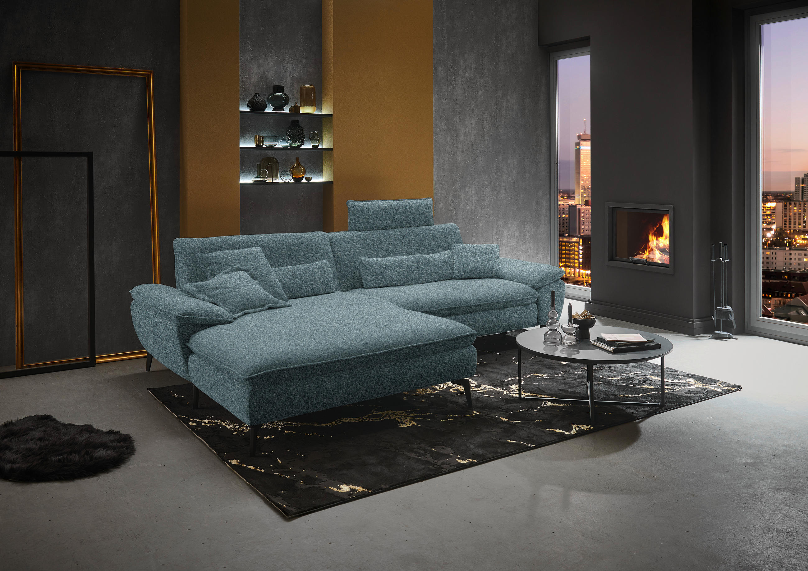 ECKSOFA in Webstoff Blaugrau  - Blaugrau/Schwarz, Design, Textil/Metall (197/295cm) - Valdera