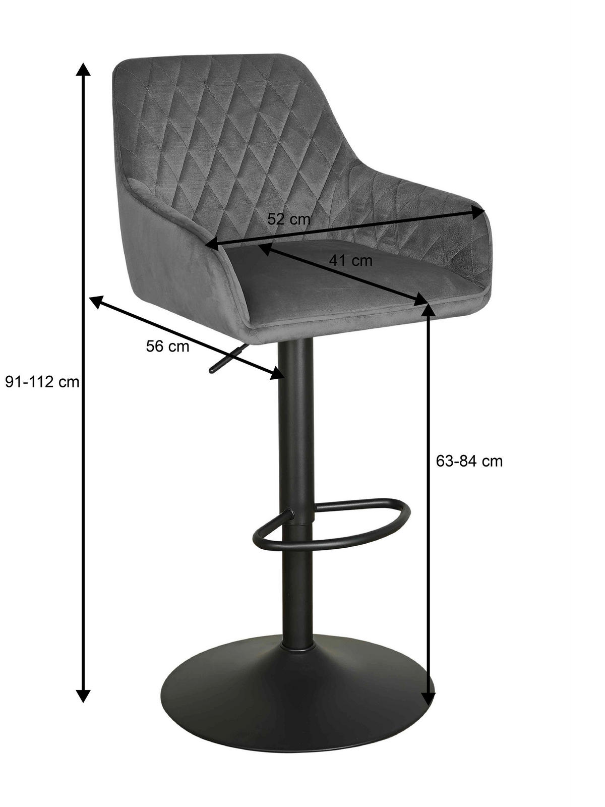 BARHOCKER Samt Grau, Schwarz Eisen  - Schwarz/Grau, Design, Textil/Metall (53/92-114/56,5cm) - Novel