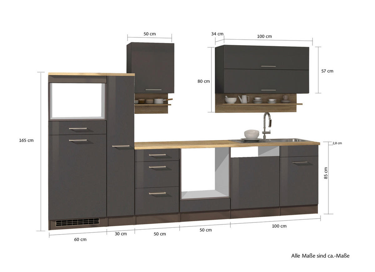KÜCHENLEERBLOCK 310 cm   in Graphitfarben  - Silberfarben/Graphitfarben, MODERN, Glas/Holzwerkstoff (310cm) - Held