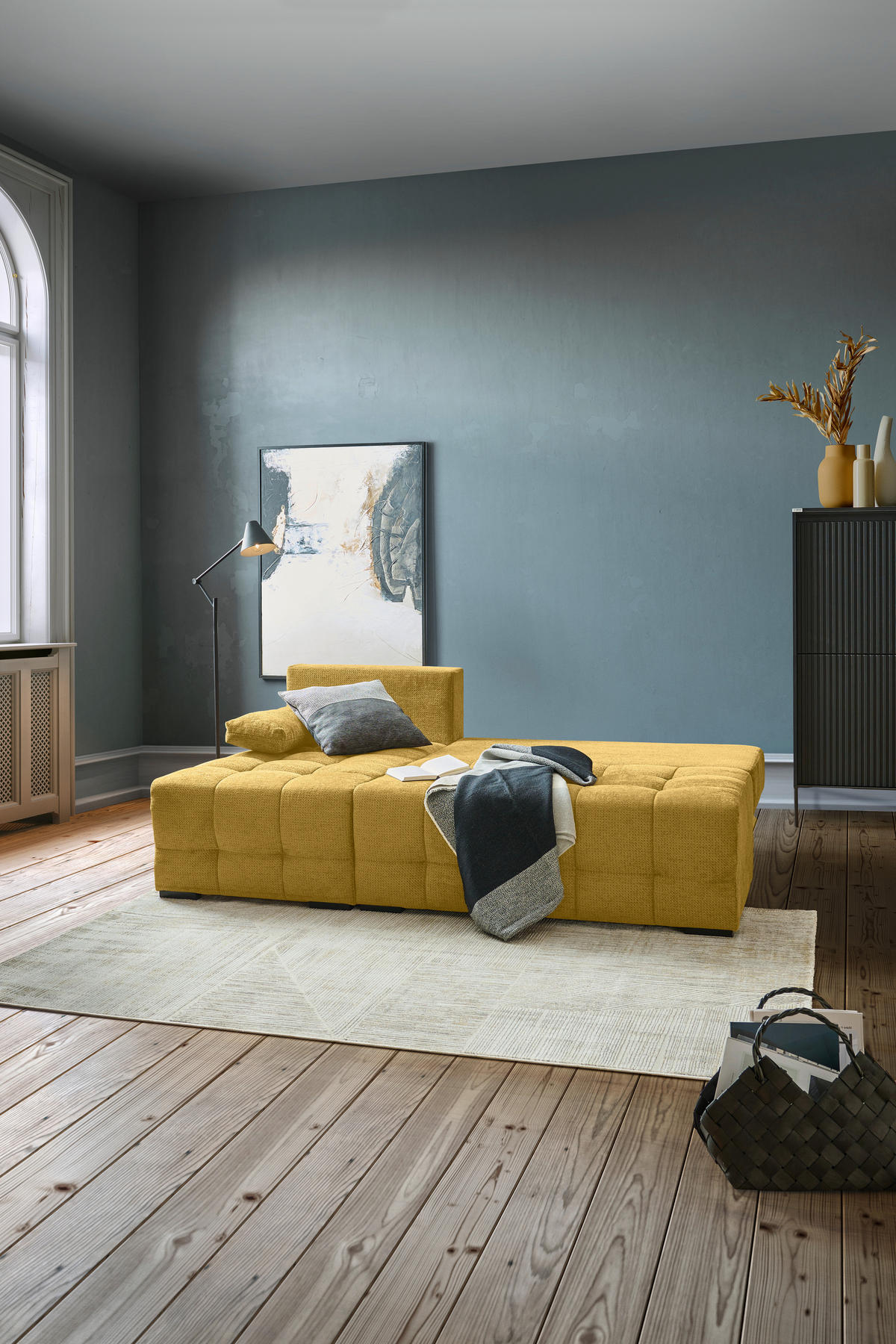 ECKSOFA Senfgelb Chenille  - Senfgelb/Schwarz, MODERN, Kunststoff/Textil (145/204cm) - home24