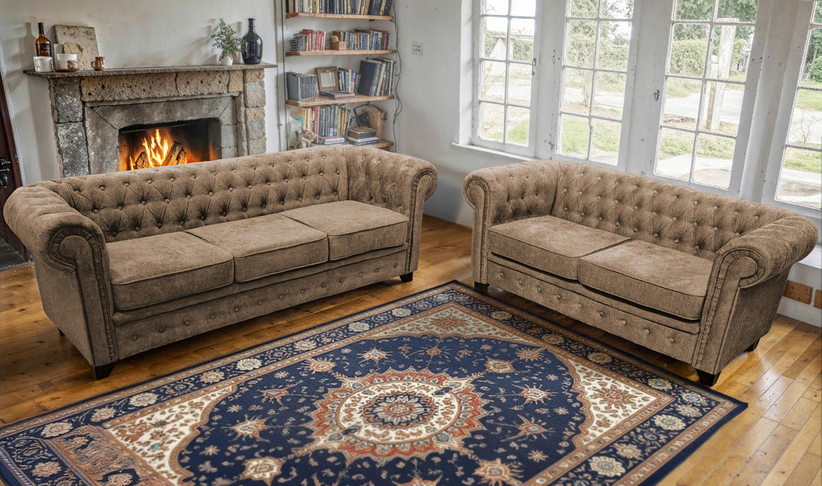 SEDAČKA CHESTERFIELD, drevo, textil, kompozitné drevo, svetlohnedá - svetlohnedá/čierna, Konventionell, drevo/kompozitné drevo (182/72/92cm) - Livetastic