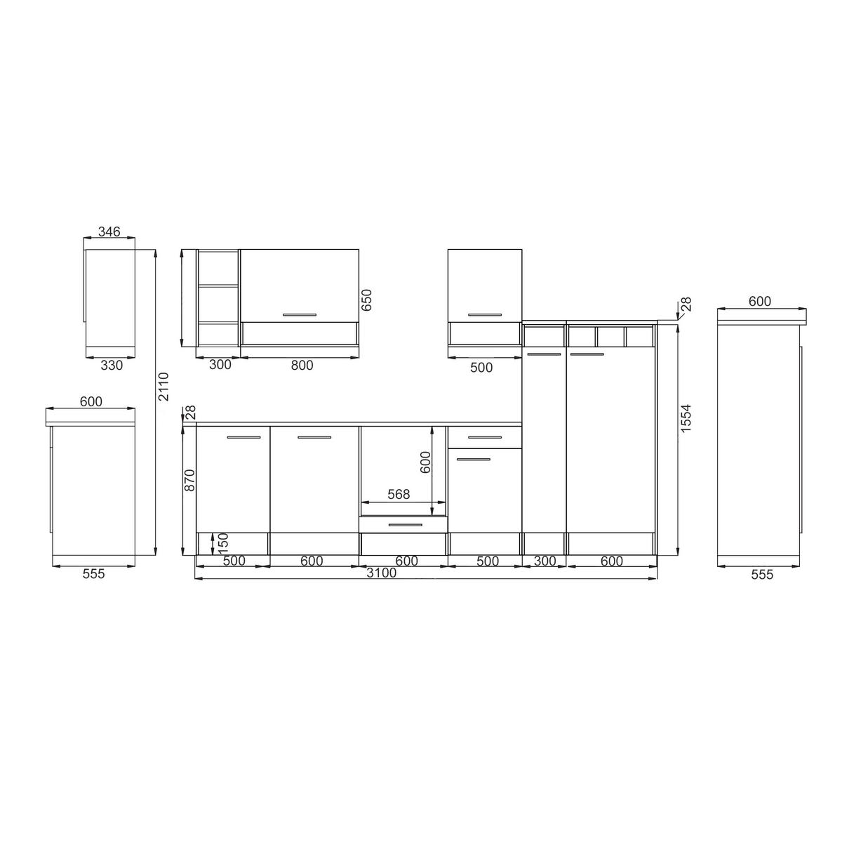 KÜCHENLEERBLOCK 310 cm   in Grau  - Wildeiche/Edelstahlfarben, Basics, Holzwerkstoff/Metall (310cm) - Respekta