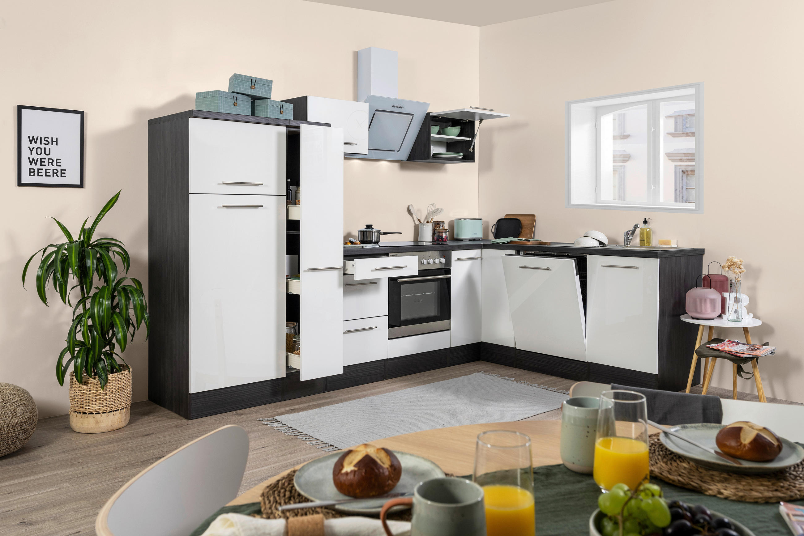 ECKKÜCHE 290/200 cm  in Weiß, Eichefarben  - Edelstahlfarben/Eichefarben, Basics, Holzwerkstoff/Metall (290/200cm) - Respekta