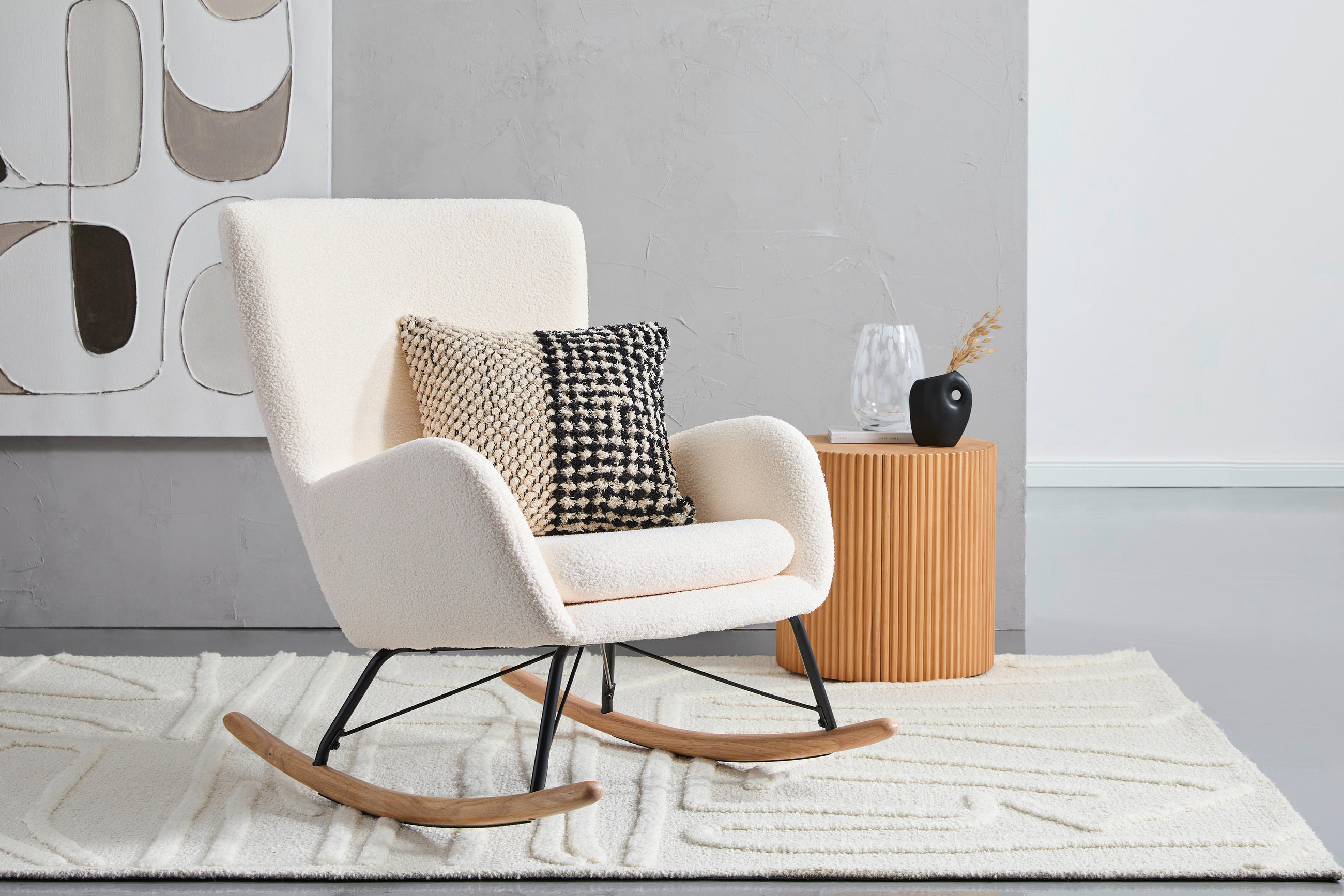 SCHAUKELSTUHL in Teddystoff Creme  - Creme/Naturfarben, LIFESTYLE, Holz/Textil (71/94/91cm) - Novel