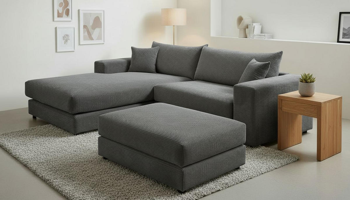 ECKSOFA FUNNY S Dunkelgrau Cord, Velours Zierkissen, Rückenkissen, Hocker  - Dunkelgrau/Schwarz, Basics, Kunststoff/Textil (180/265cm) - Livetastic