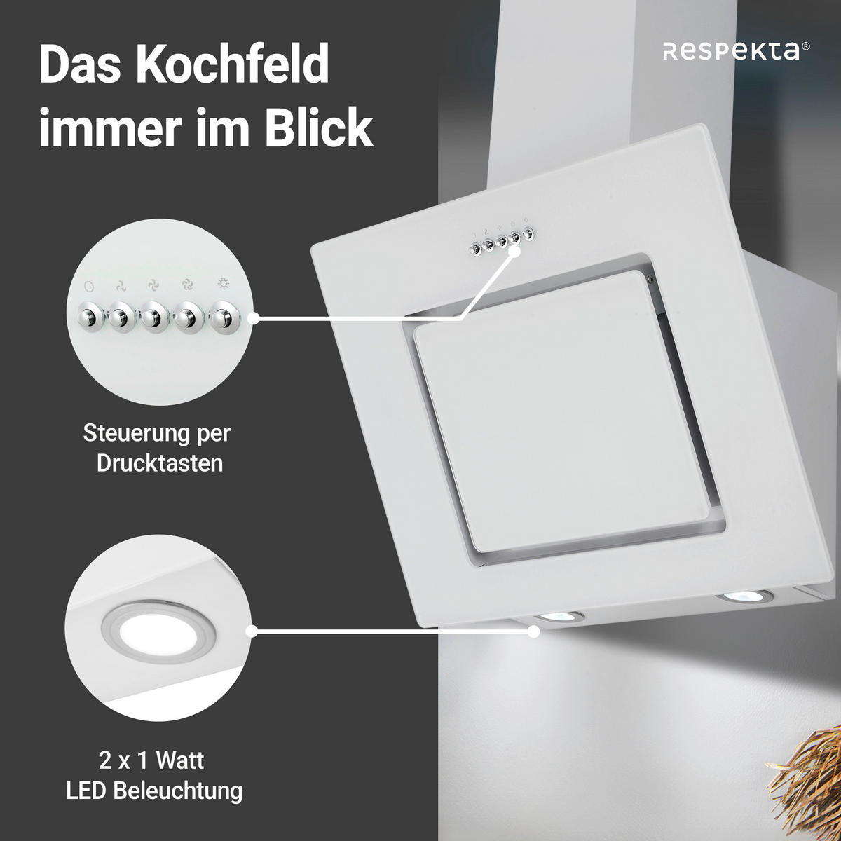 DUNSTABZUGSHAUBE CH22010WBZ  - Weiß, Trend, Glas/Metall (60/73,9-111,9/35cm) - Respekta