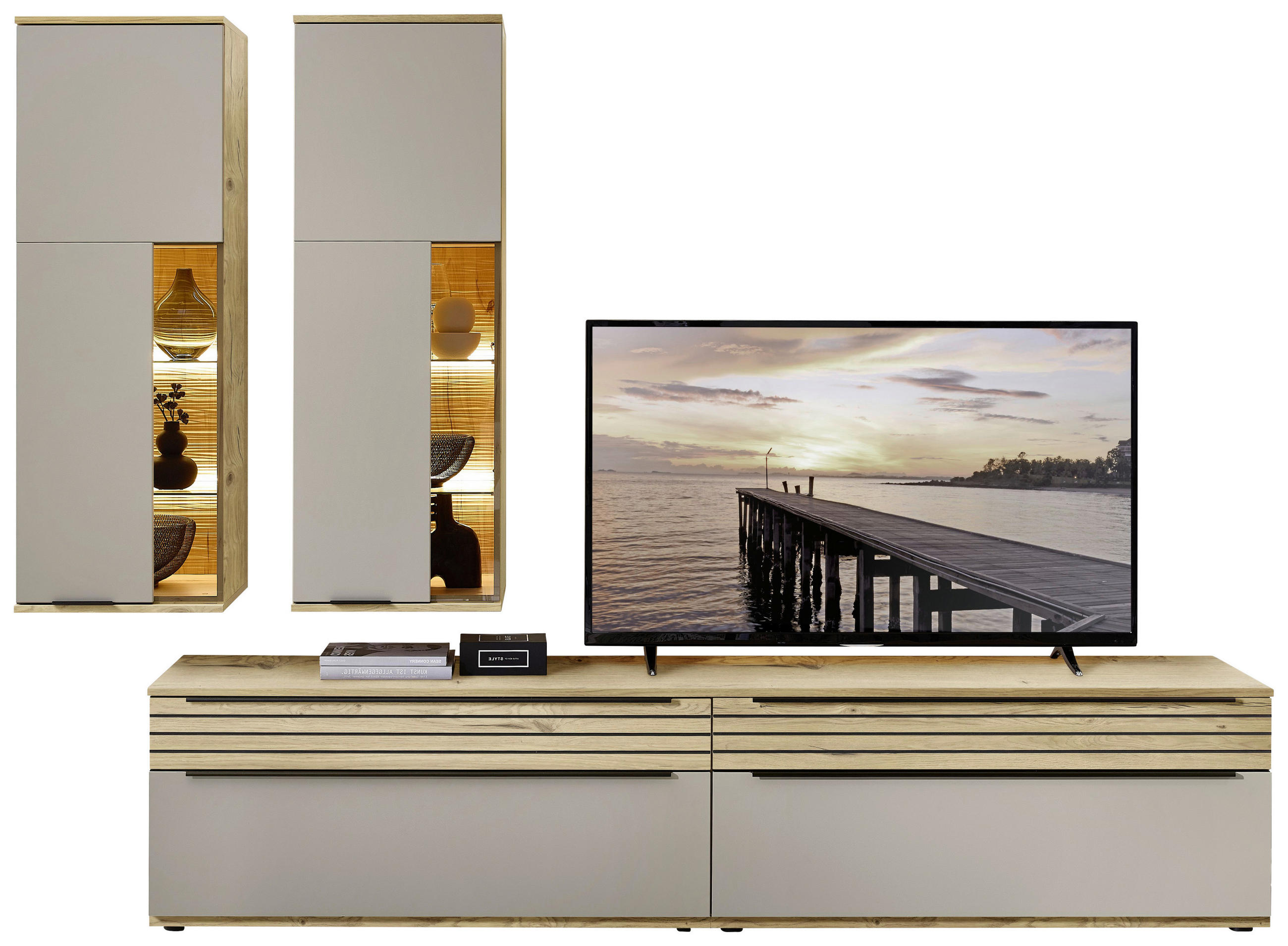 WOHNWAND  in Grau, Eichefarben  270/215/45 cm  - Eichefarben/Schwarz, KONVENTIONELL, Glas/Holzwerkstoff (270/215/45cm) - Venda