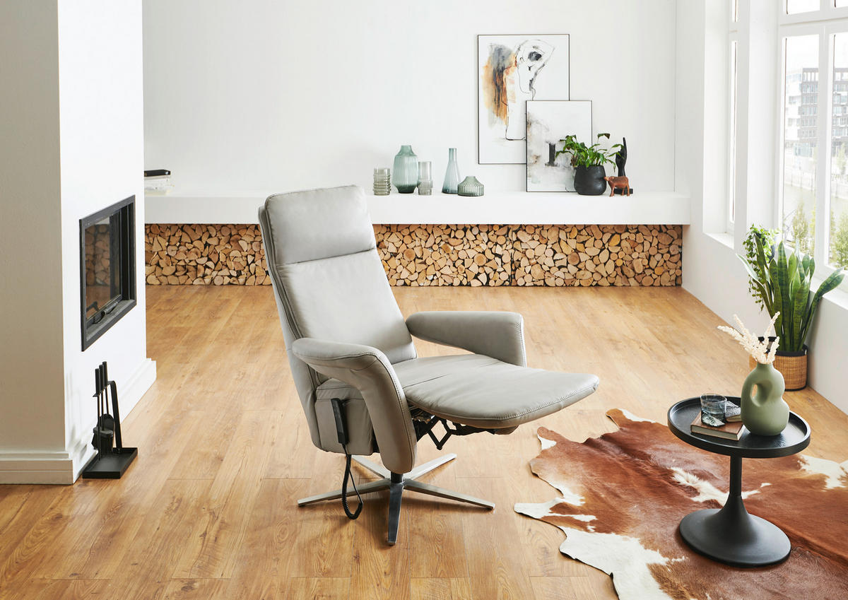 RELAXSESSEL in Leder Grau  - Edelstahlfarben/Grau, Design, Leder/Metall (83/116/87cm) - Valdera