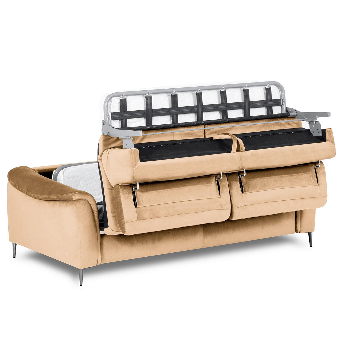 SCHLAFSOFA Samt Beige Rücken echt, Liegefunktion  - Beige/Schwarz, Design, Textil/Metall (203/77-98/103cm) - MID.YOU