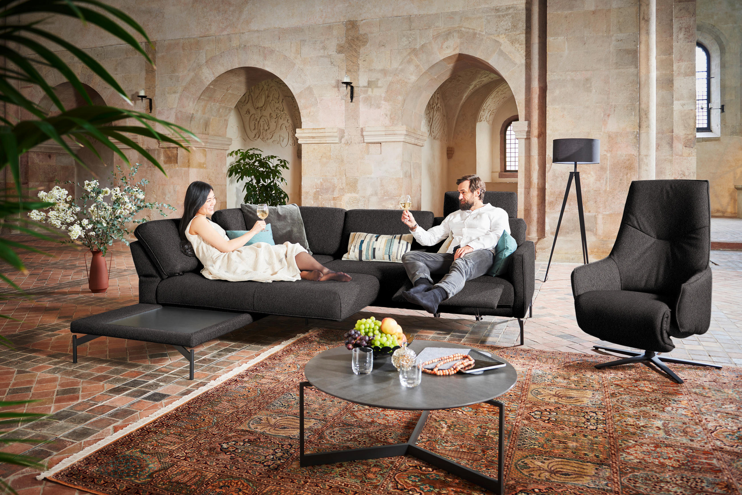 ECKSOFA in Flachgewebe, Struktur Graubraun  - Anthrazit/Graubraun, Design, Textil/Metall (230/254cm) - Johann Jakob