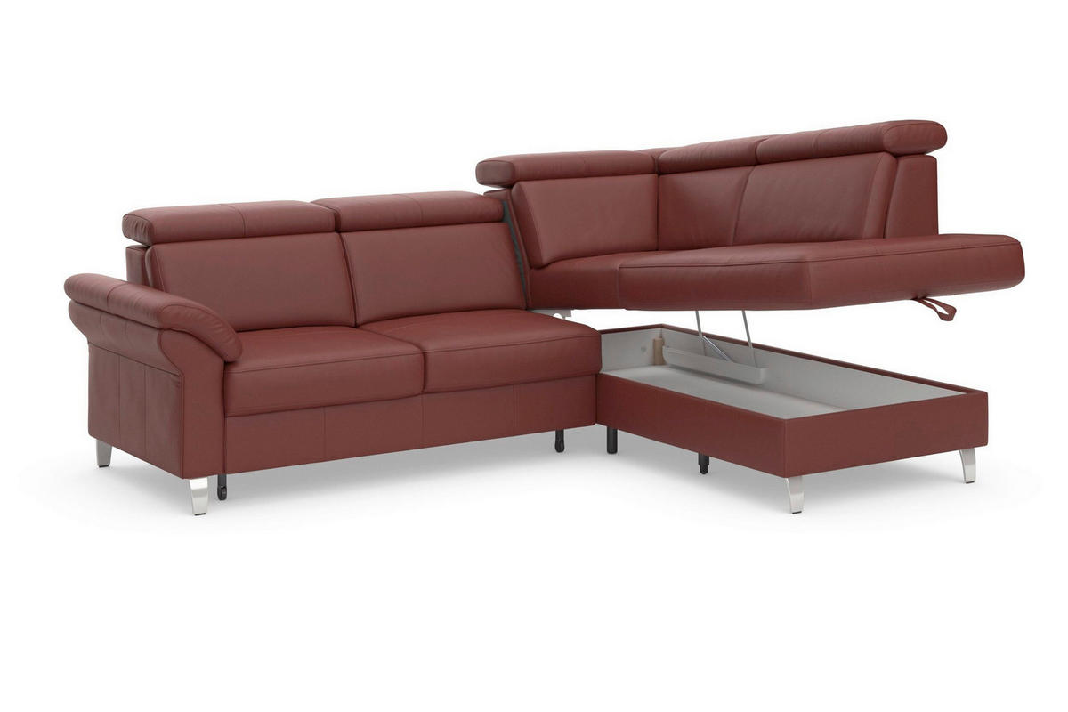 ECKSOFA ARNGAST E Rotbraun Kombination Echtleder/Stoff Mikrofaser Bettkasten, Kopfteilverstellung  - Chromfarben/Rotbraun, Basics, Leder/Textil (245/194cm) - Sit & More