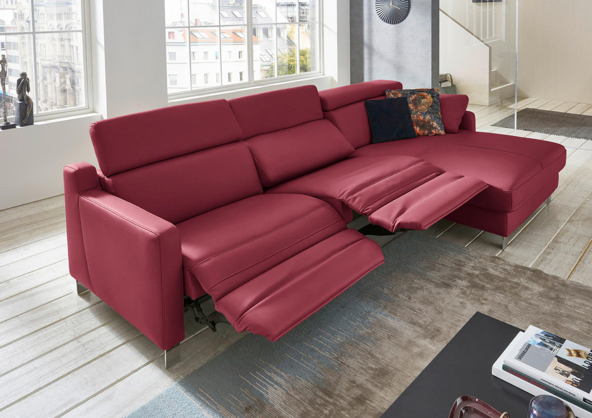 ECKSOFA Echtleder Bordeaux  - Chromfarben/Bordeaux, Design, Leder/Metall (291/176cm) - Valdera
