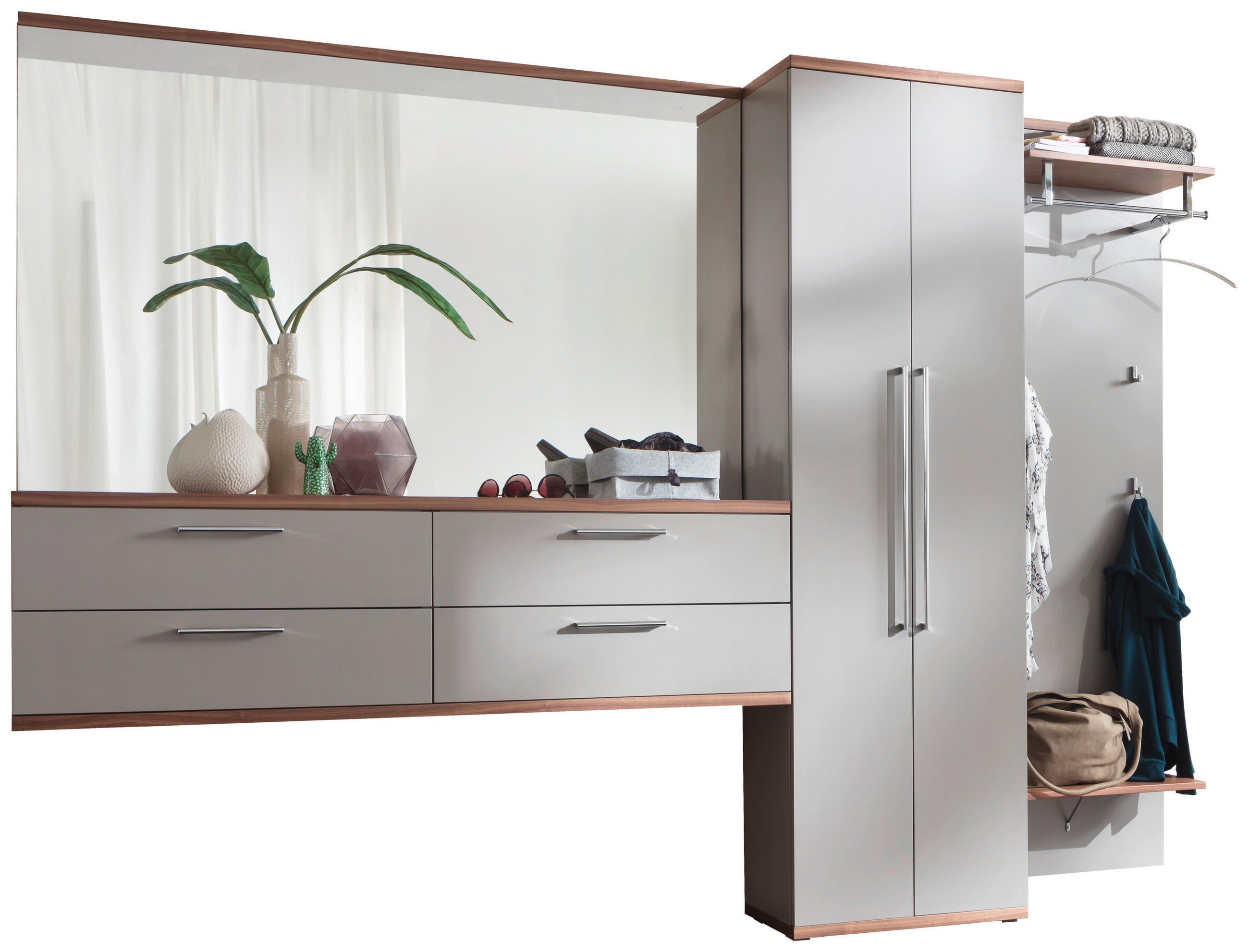 GARDEROBE 4-teilig  in 281/201/35 cm  - Nussbaumfarben/Grau, Design, Glas/Holz (281/201/35cm) - Moderano