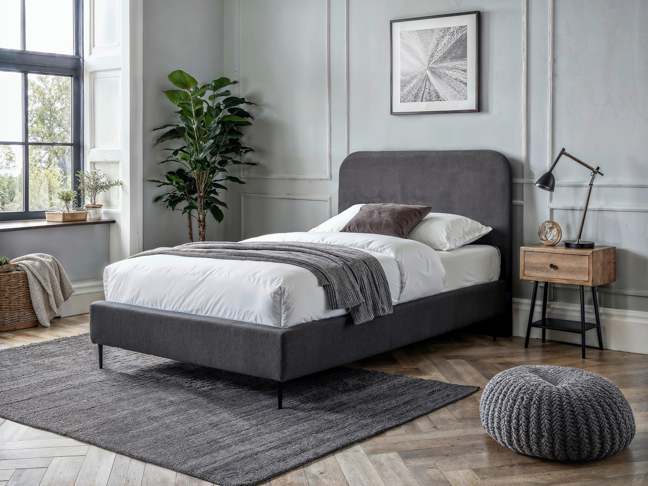 BOXSPRINGBETT 120/200 cm,  in Grau, Matratze, gepolstertes Kopfteil, Topper, H2 = mittel  - Schwarz/Naturfarben, MODERN, Holzwerkstoff/Textil (120/200cm) - MID.YOU