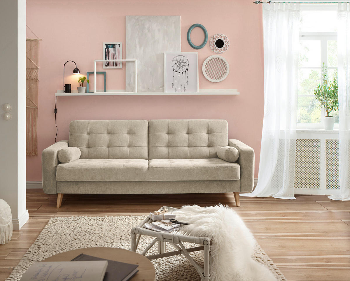 SCHLAFSOFA  mit Velours Sandfarben  - Sandfarben/Eichefarben, MODERN, Holz/Textil (222/86/90cm) - MID.YOU