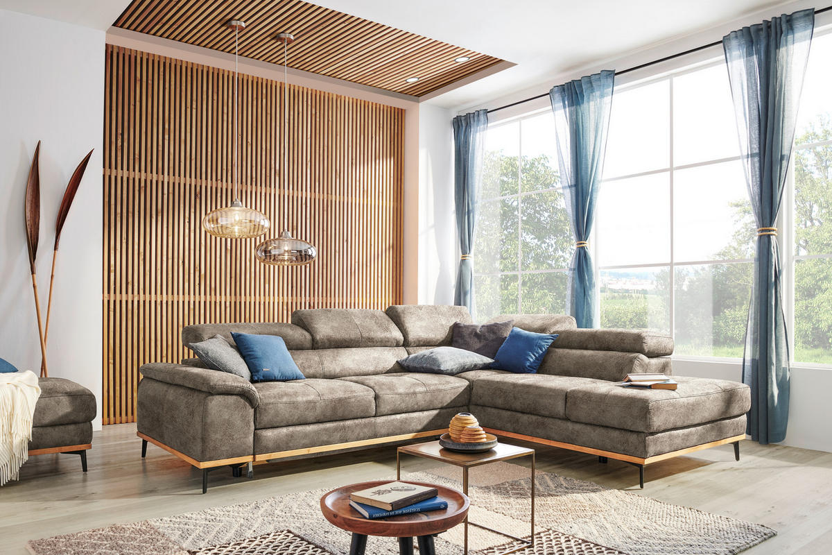 ECKSOFA in Lederlook Hellbraun  - Hellbraun/Schwarz, Natur, Holz/Textil (282/226cm) - Novel