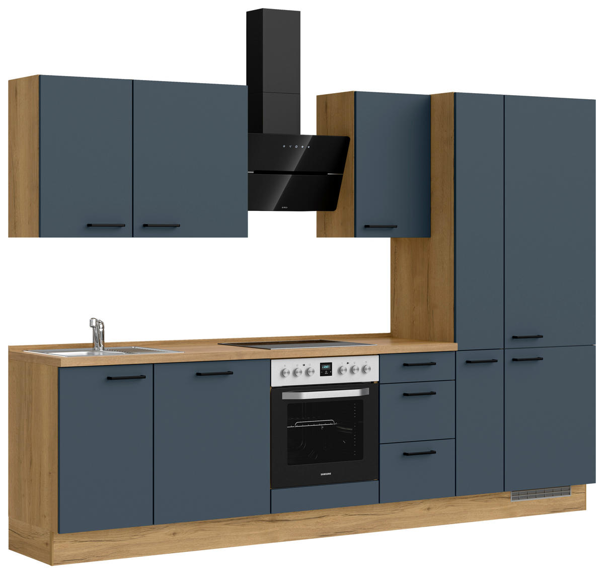 KÜCHENBLOCK 300 cm   in Eichefarben, Dunkelblau  - Eichefarben/Schwarz, MODERN, Holzwerkstoff/Metall (300cm) - Nobilia