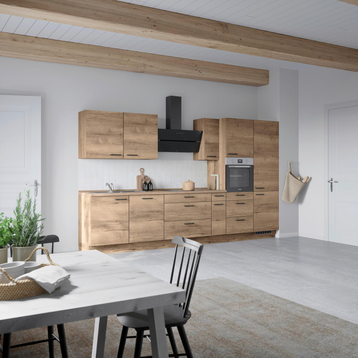 BUCĂTĂRIE FĂRĂ ELECTROCASNICE  - stejar închis la culoare/negru, Modern, metal/material pe bază de lemn (360cm) - Nobilia