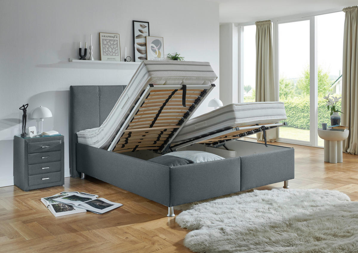 POLSTERBETT 160/200 cm,  in Dunkelgrau, Matratze, gepolstertes Kopfteil, Lattenrost, Bettkasten, H2 + H3 = mittel + fest  - Dunkelgrau/Alufarben, KONVENTIONELL, Holz/Holzwerkstoff (160/200cm) - Beldomo - Sleep