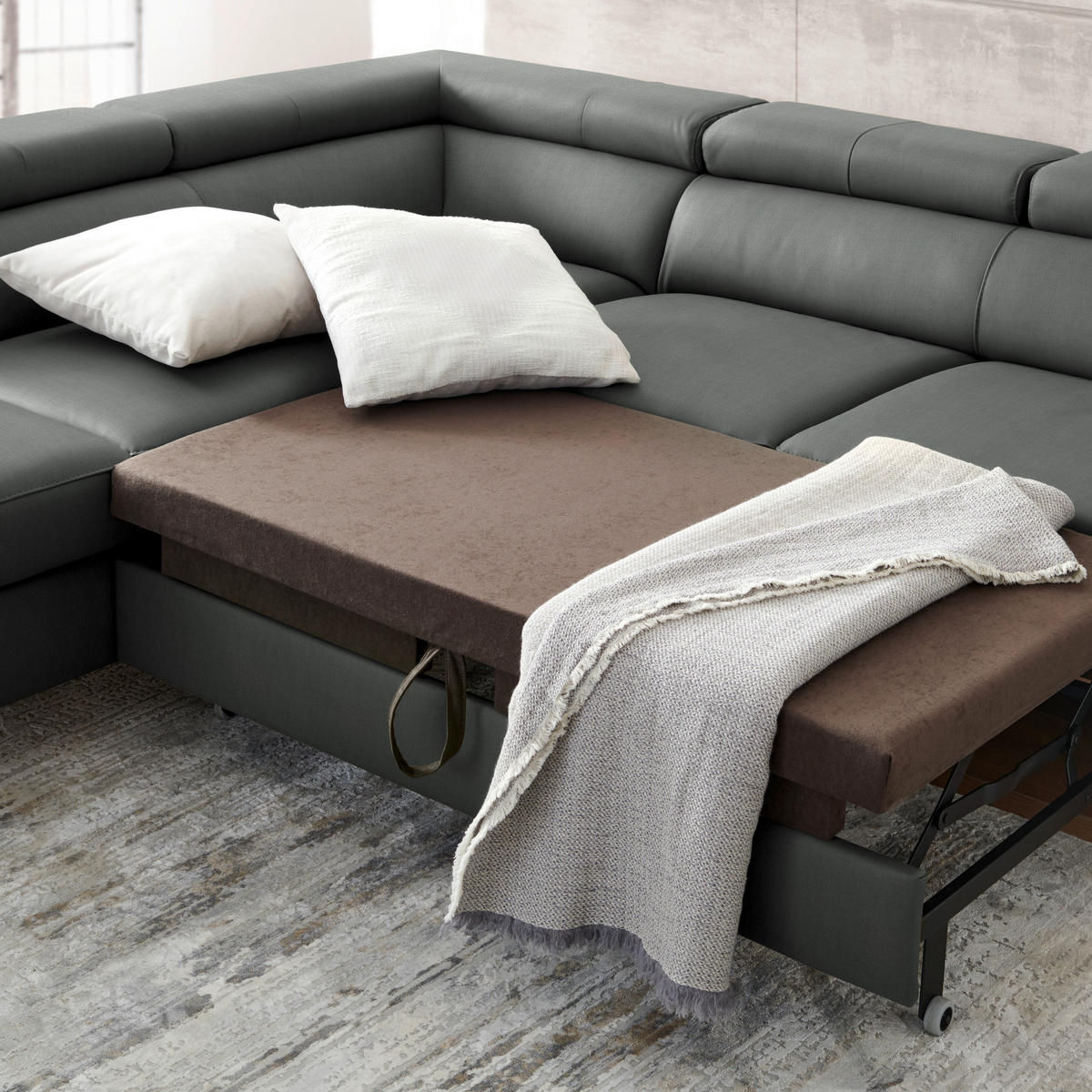 ECKSOFA in Echtleder Anthrazit  - Anthrazit/Schwarz, Design, Leder/Metall (220/256cm) - Celina Home
