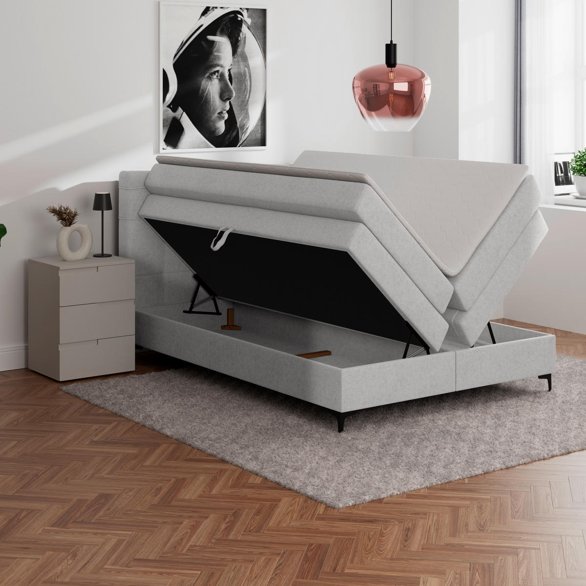 BOXSPRINGBETT 140/200 cm,  in Silberfarben, H3 = fest  - Silberfarben/Schwarz, KONVENTIONELL, Kunststoff/Textil (140/200cm)