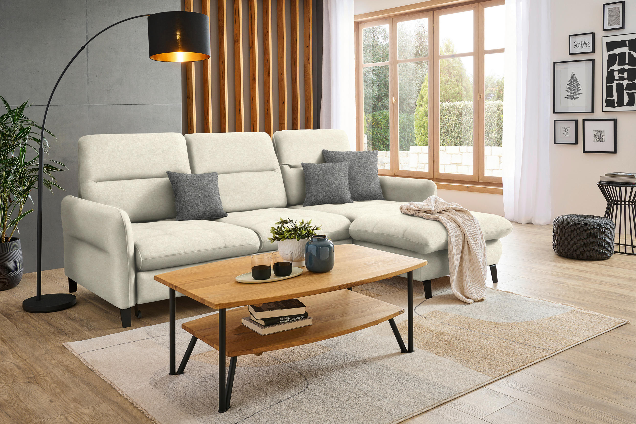 ECKSOFA in Flachgewebe Creme  - Creme/Schwarz, KONVENTIONELL, Textil/Metall (254/190cm) - Stylife