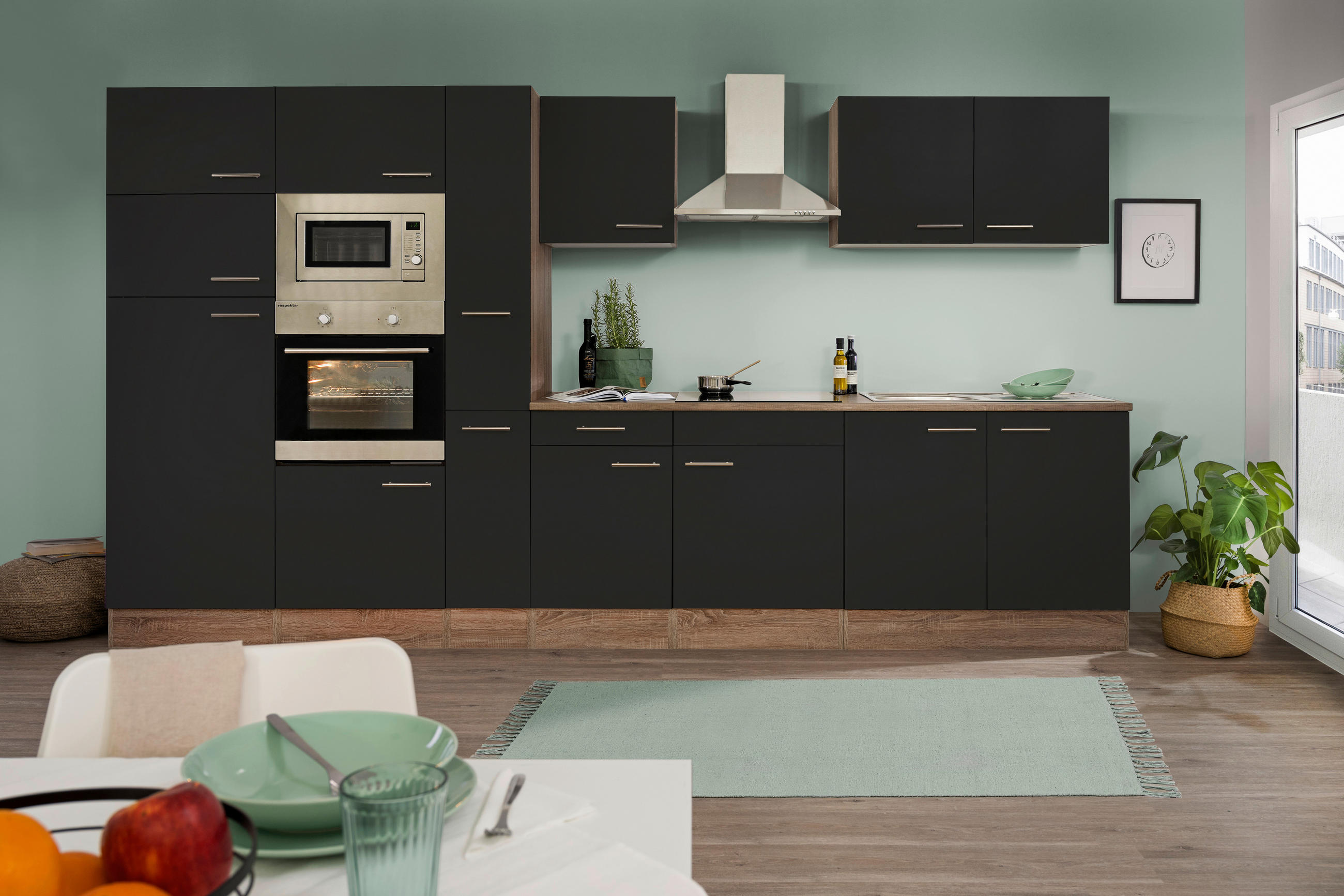 KÜCHENLEERBLOCK 360 cm   in Schwarz  - Edelstahlfarben/Eichefarben, Basics, Holzwerkstoff/Metall (360cm) - Respekta