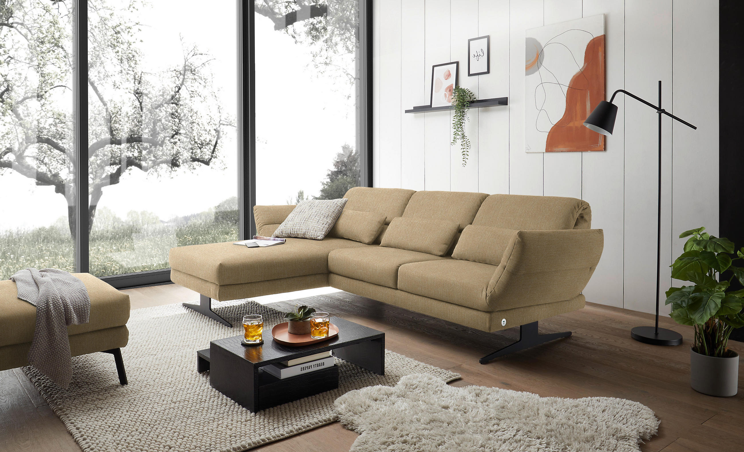 ECKSOFA in Flachgewebe Senfgelb  - Senfgelb/Schwarz, Design, Textil/Metall (176-217/279-327cm) - Dieter Knoll