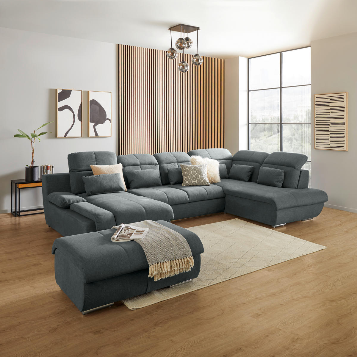 HOCKER in Textil Grau  - Chromfarben/Grau, Modern, Textil/Metall (100/43/80cm) - MID.YOU
