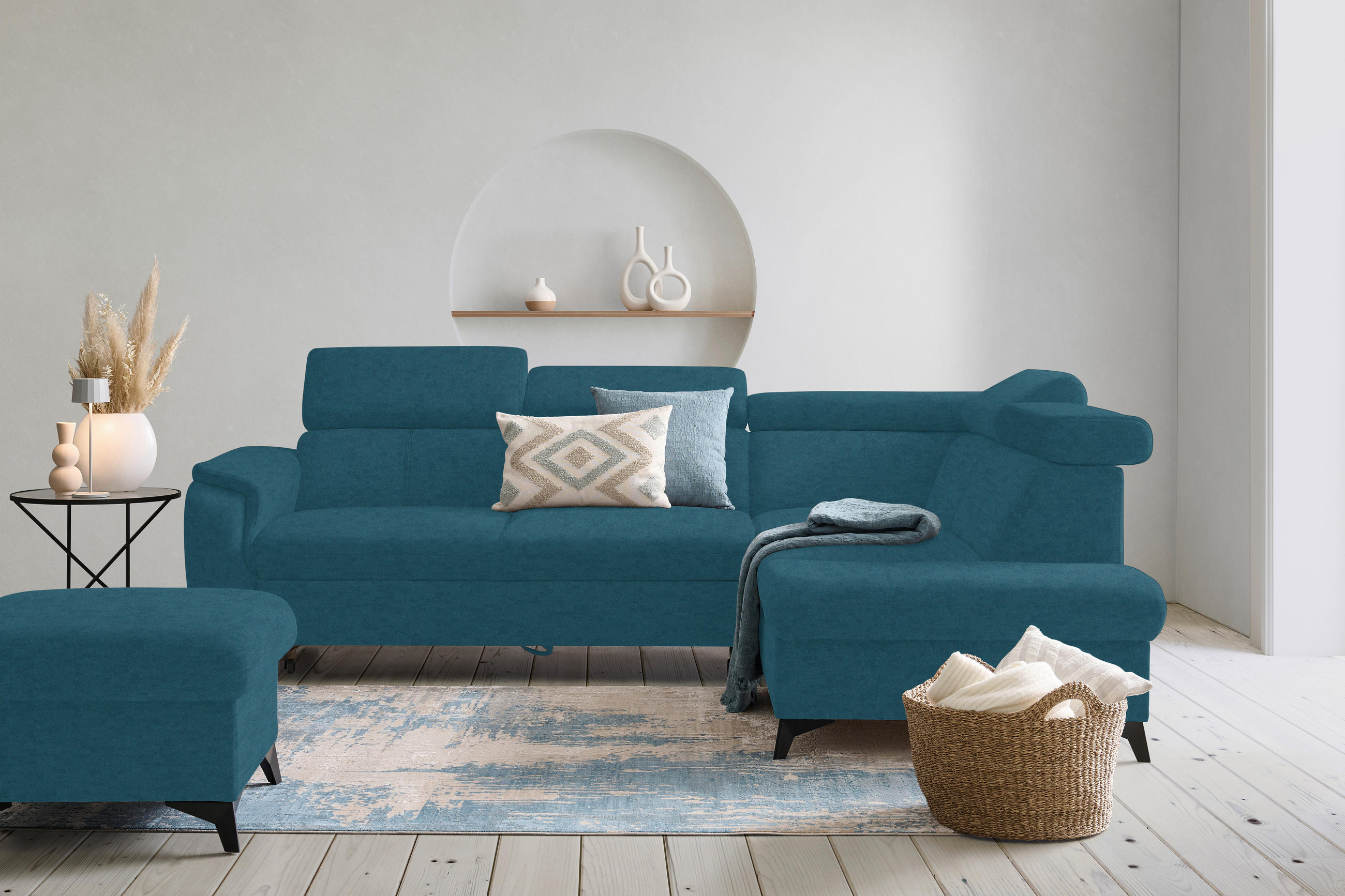 ECKSOFA in Mikrofaser Blau  - Blau/Schwarz, Design, Textil/Metall (260/203cm) - Stylife
