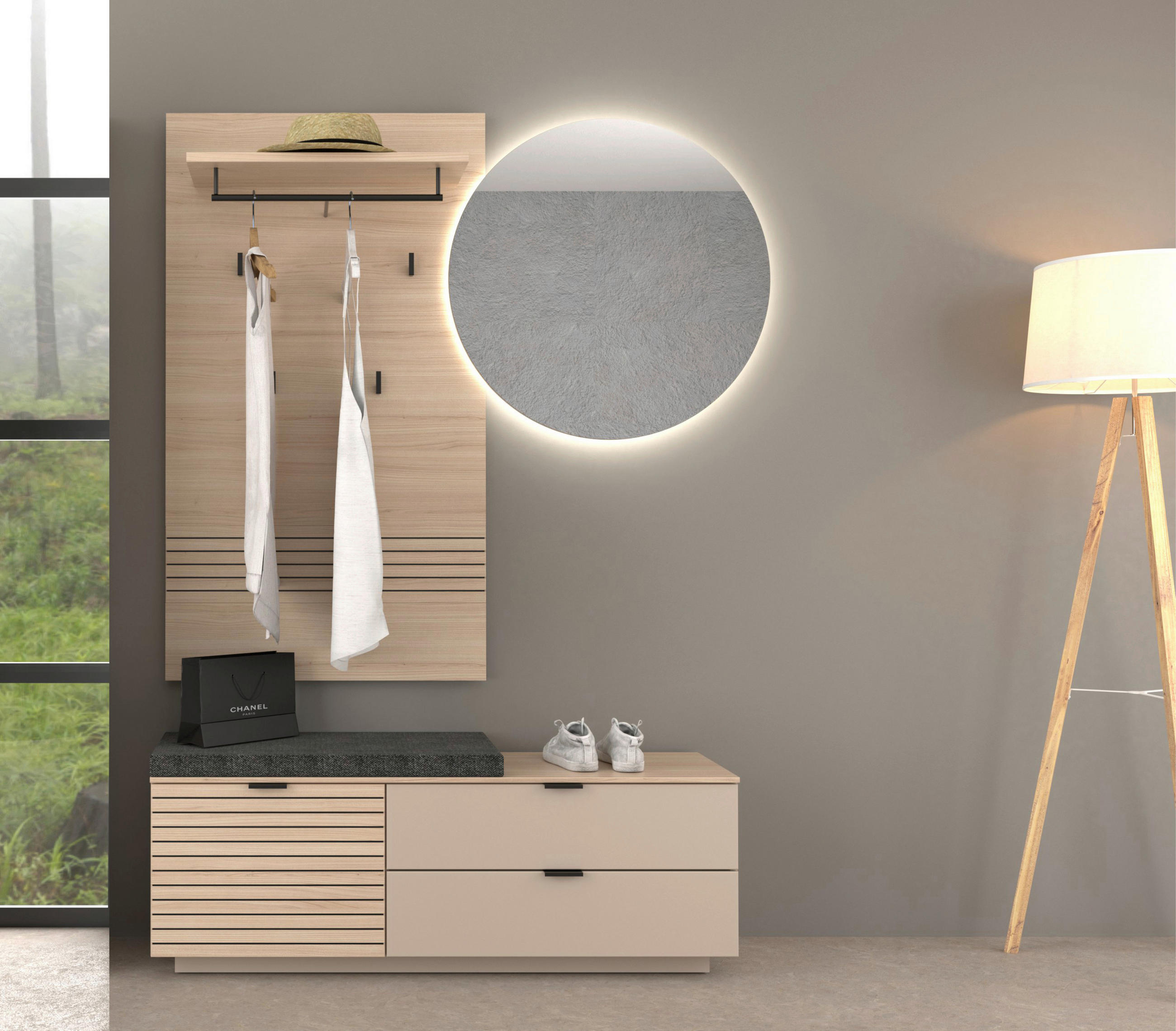 Thumbnail - Xora Garderobe Ina, Schwarz, Eiche, Kaschmir, Metall, Textil, Holzwerkstoff, 4-teilig, 143x202x38 cm, Garderobe, Gardero...