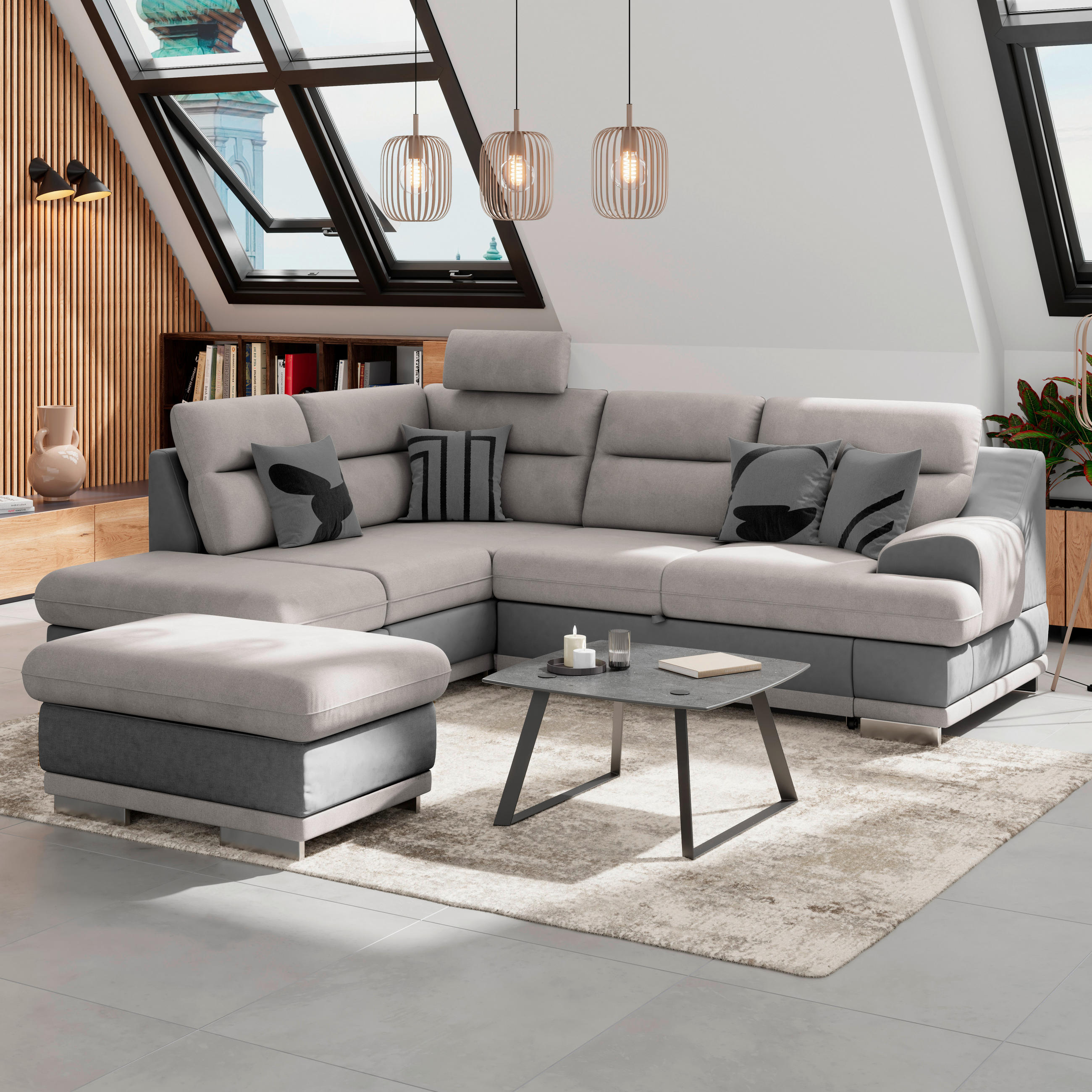 WOHNLANDSCHAFT in Velours Grau, Hellgrau  - Chromfarben/Hellgrau, Konventionell, Textil/Metall (217/264cm) - MID.YOU