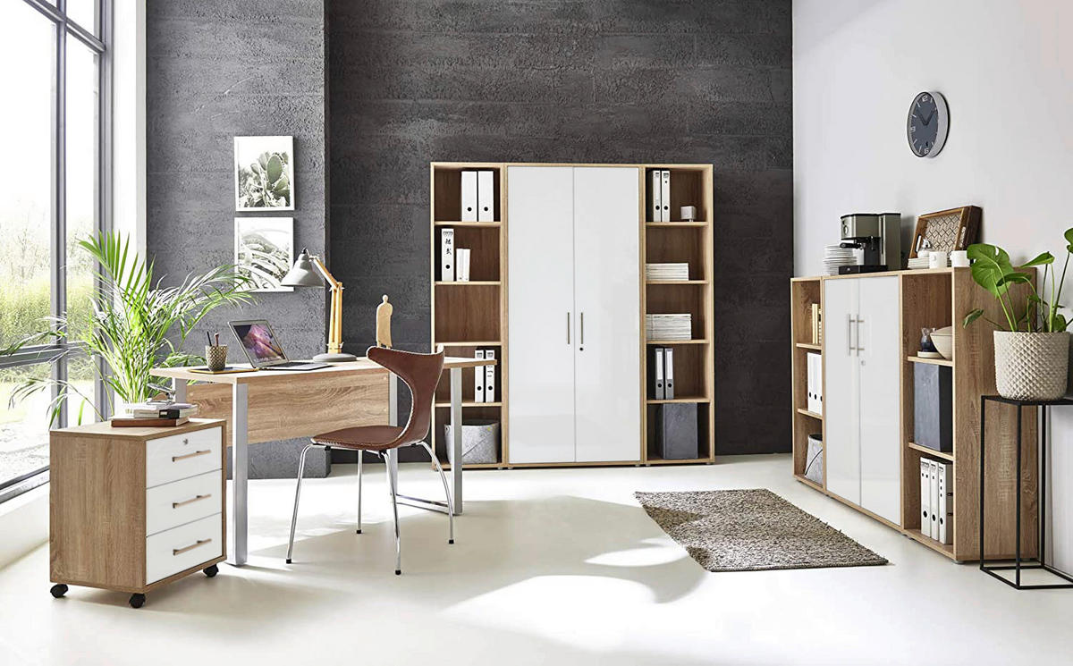 BÜRO erweiterbar, abschließbar Sonoma Eiche, Weiß Hochglanz - Weiß Hochglanz/Sonoma Eiche, MODERN, Holzwerkstoff/Metall - MID.YOU