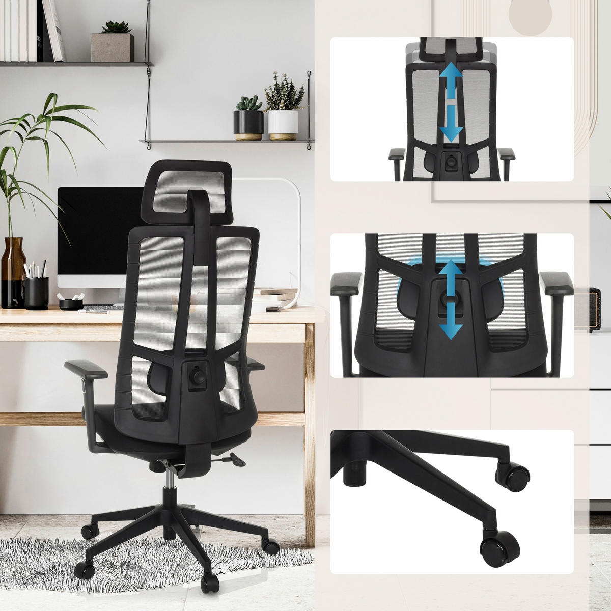 OTOČNÁ ŽIDLE, síťovina, černá - černá, Moderní, textil/plast (67/118 - 133/60cm) - MID.YOU