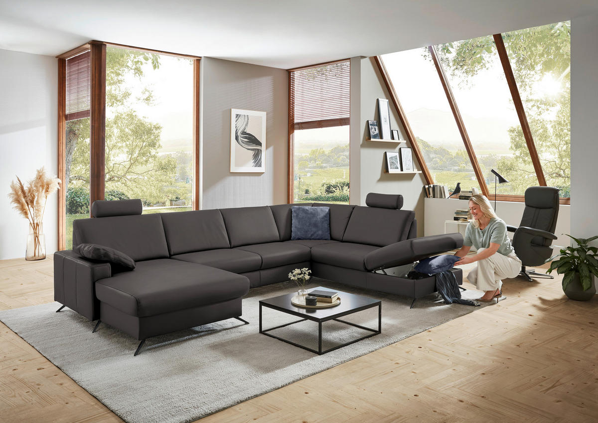 WOHNLANDSCHAFT in Echtleder Dunkelgrau  - Dunkelgrau/Schwarz, Design, Leder/Metall (165/339/233cm) - Beldomo Premium
