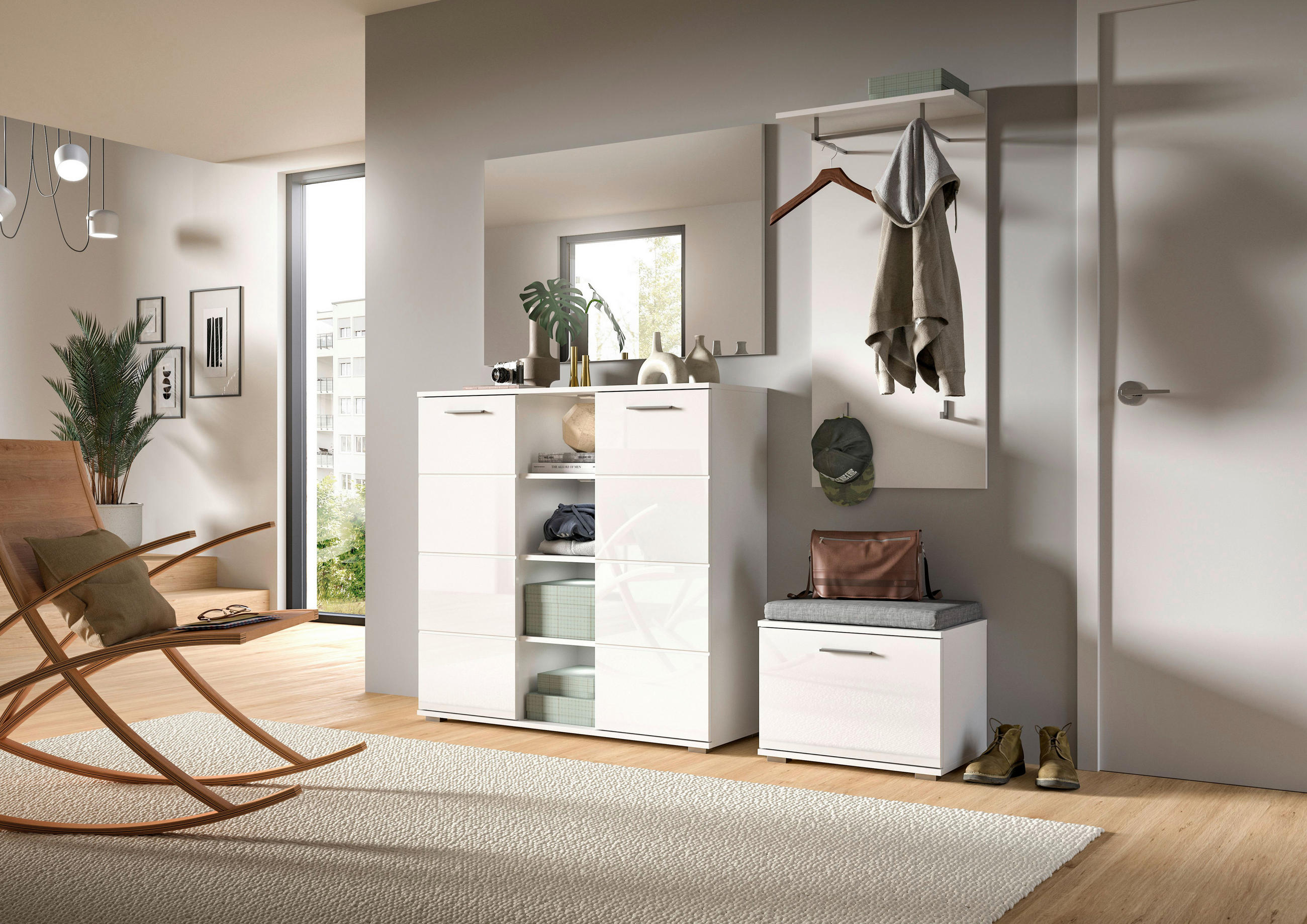 SCHUHSCHRANK Weiß, Weiß Hochglanz - Weiß Hochglanz/Silberfarben, Design, Holzwerkstoff/Kunststoff (110/108/37cm) - Xora