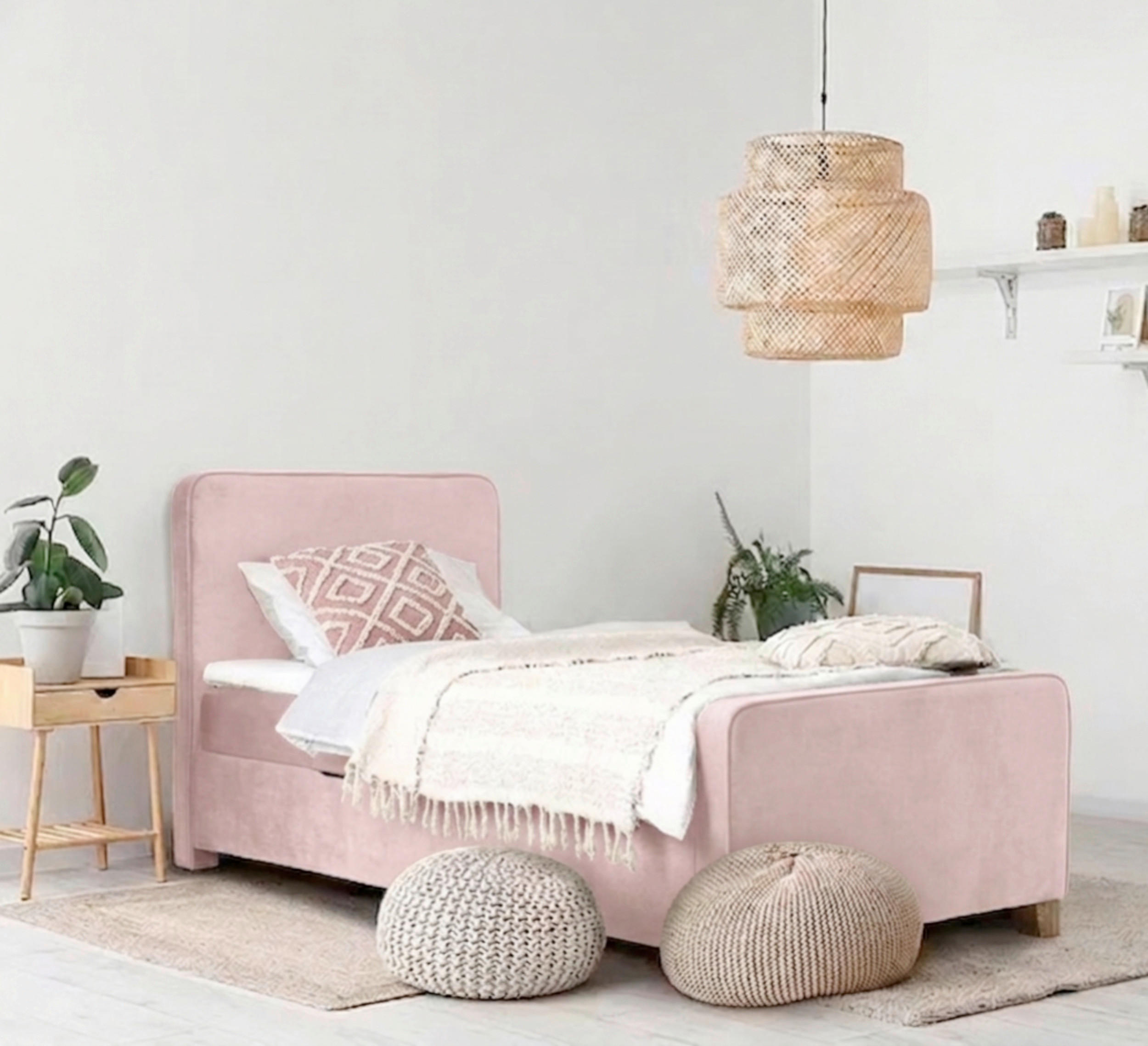 BOXBETT 140/200 cm,  in Rosa, Bettkasten, Topper, H3 = fest  - Kernbuche/Rosa, MODERN, Holz/Textil (140/200cm) - MID.YOU
