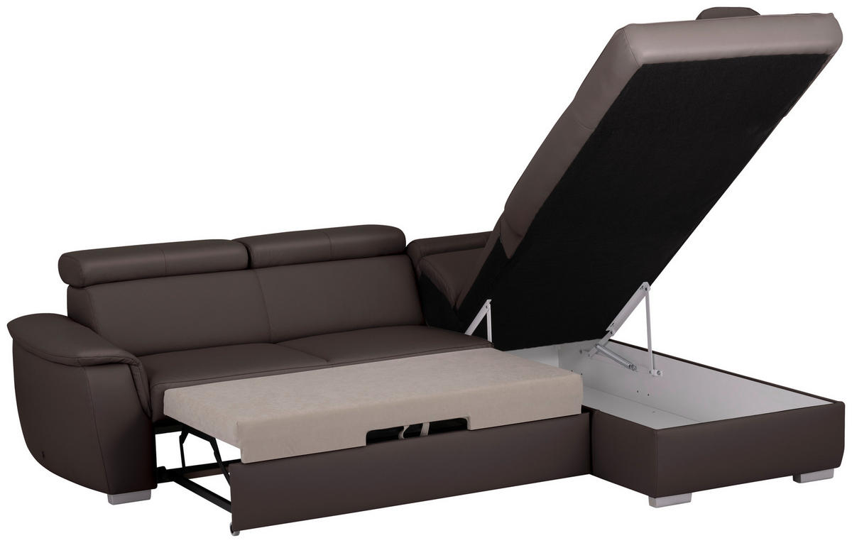 ECKSOFA  in Lederlook Echtleder Dunkelbraun  - Dunkelbraun/Silberfarben, Leder/Holz (262/211cm) - Celina Home