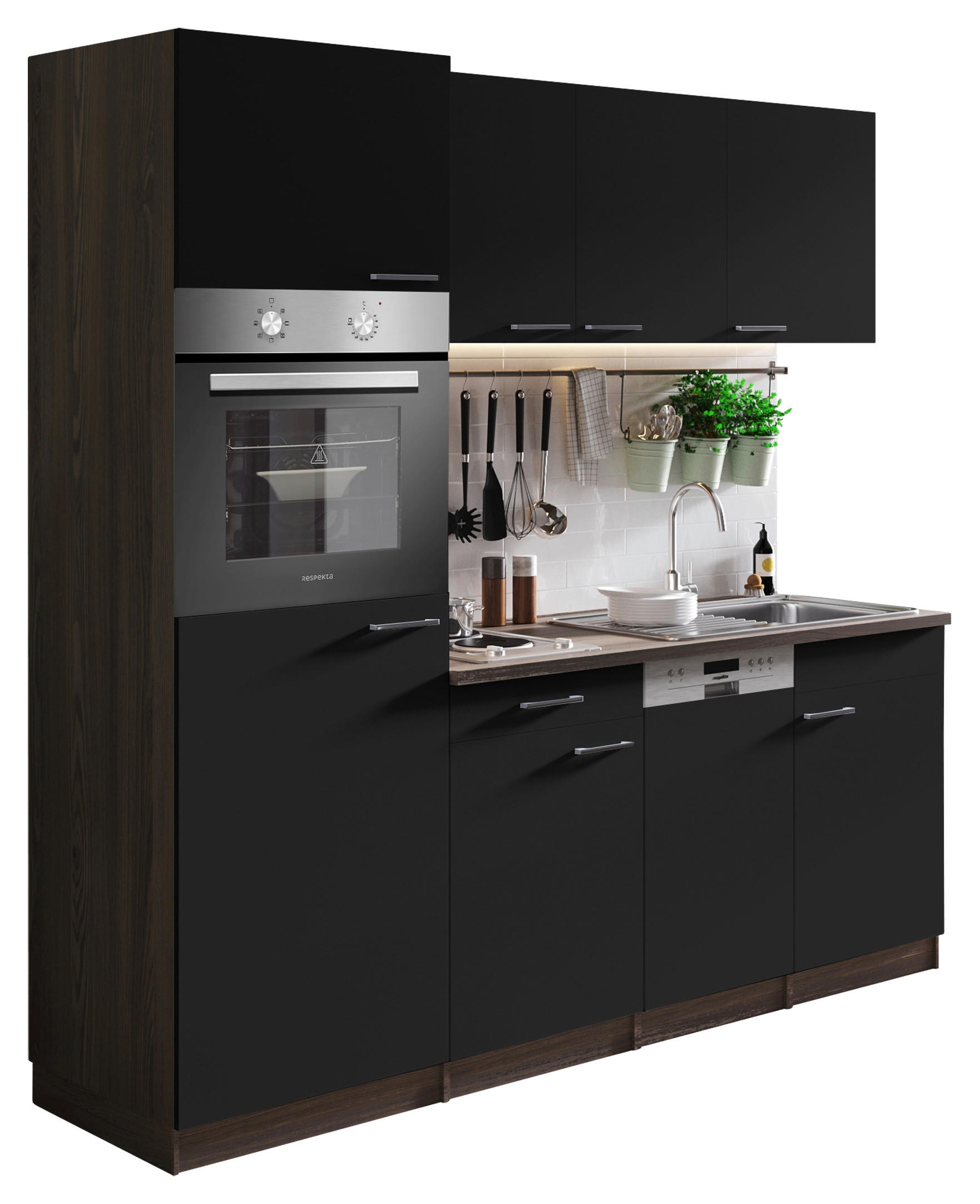 KÜCHENBLOCK 205 cm   in Schwarz  - Eichefarben/Alufarben, Basics, Holzwerkstoff/Kunststoff (205cm) - Respekta