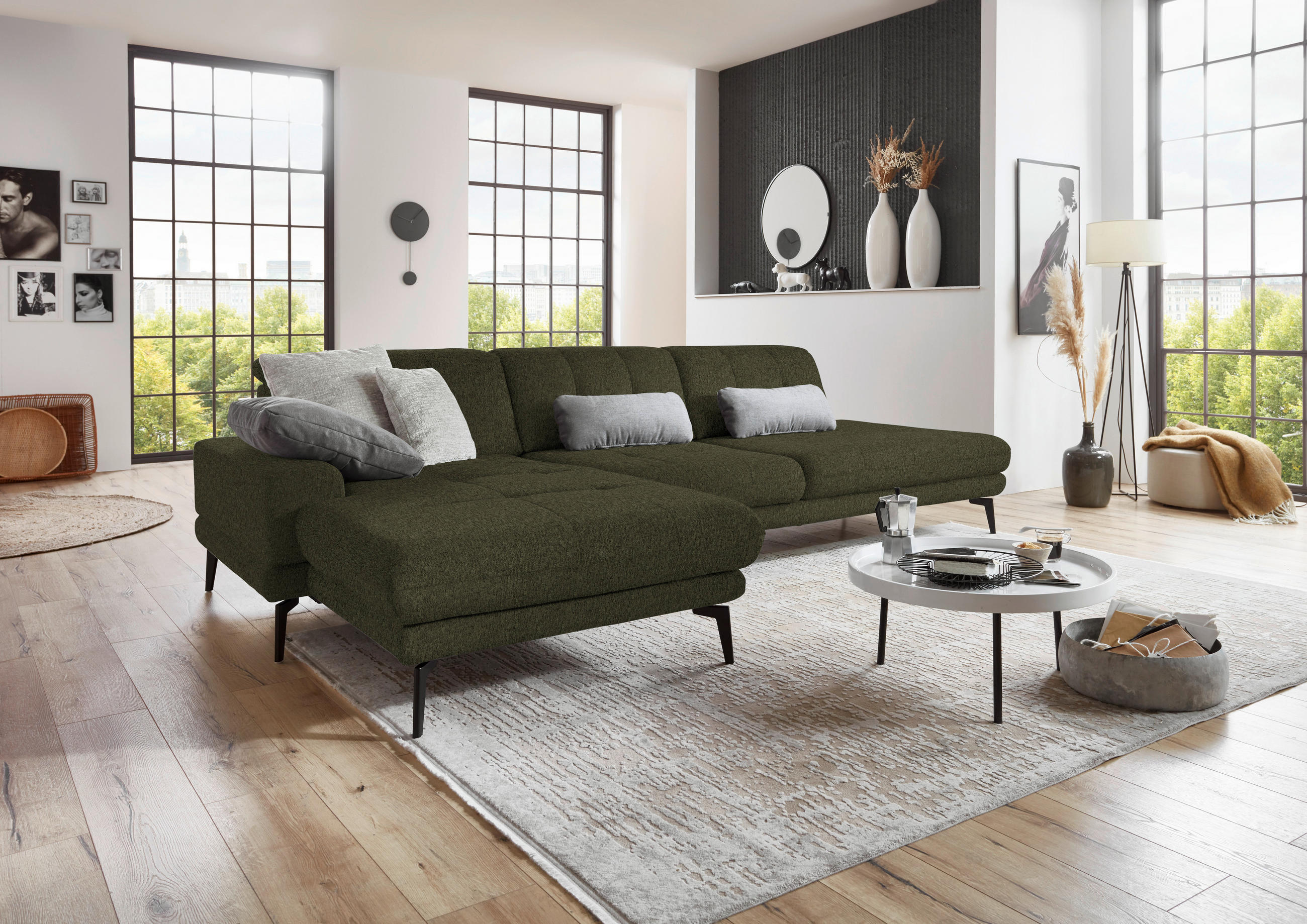 ECKSOFA in Flachgewebe Dunkelgrün  - Dunkelgrün/Schwarz, Design, Textil/Metall (190/309cm) - Beldomo Style