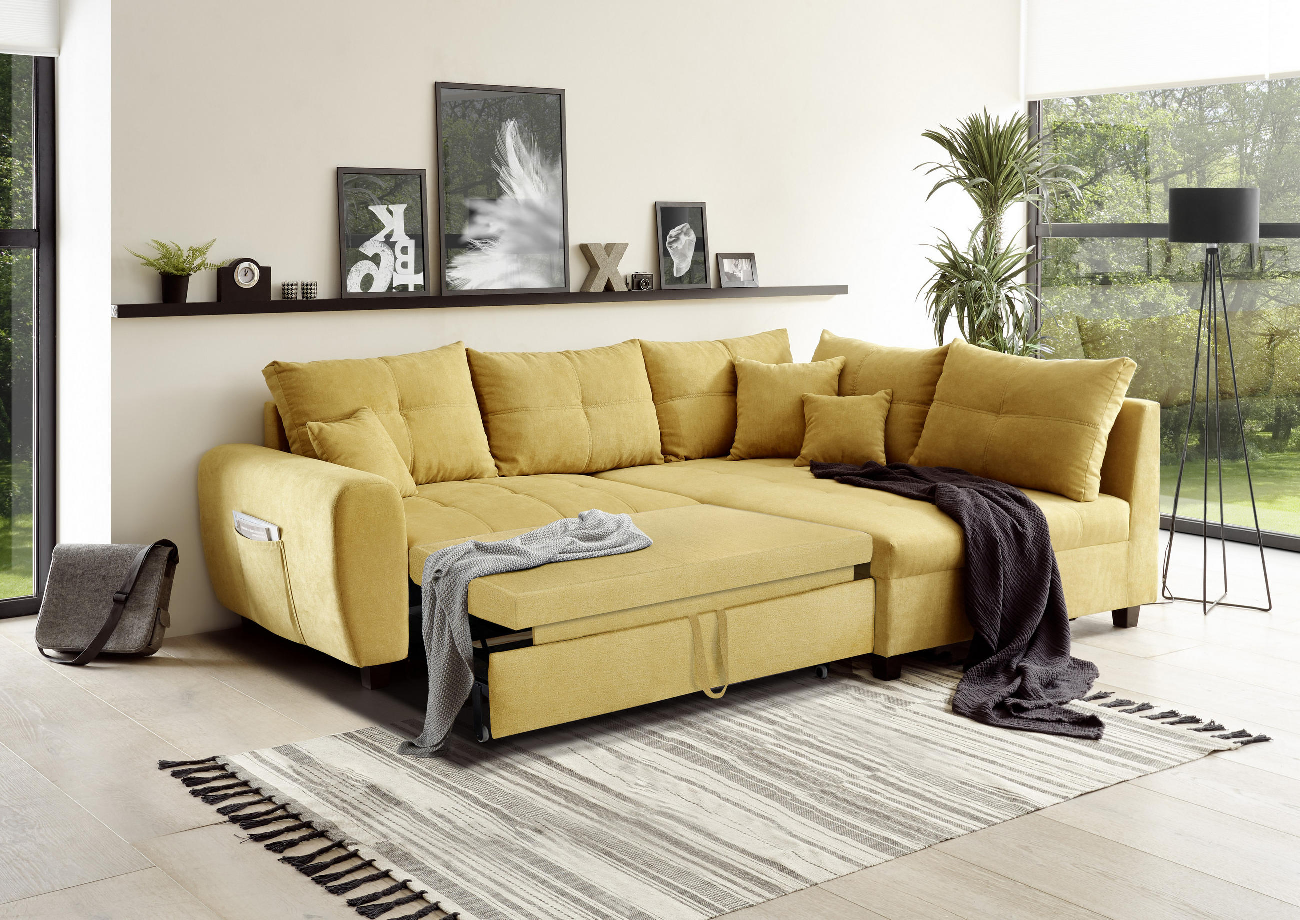 ECKSOFA Gelb Mikrovelours  - Gelb/Schwarz, Basics, Kunststoff/Textil (248/176cm) - MID.YOU