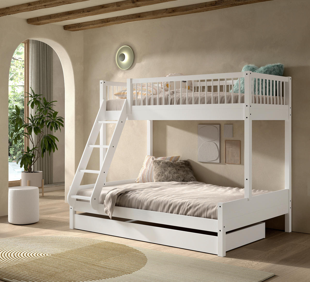 ETAGENBETT 90/140/200 cm,  in Weiß, Absturzsicherung, Leiter, Rollrost, Bettschublade  - Naturfarben/Weiß, MODERN, Holz (90/140/200cm) - Vipack