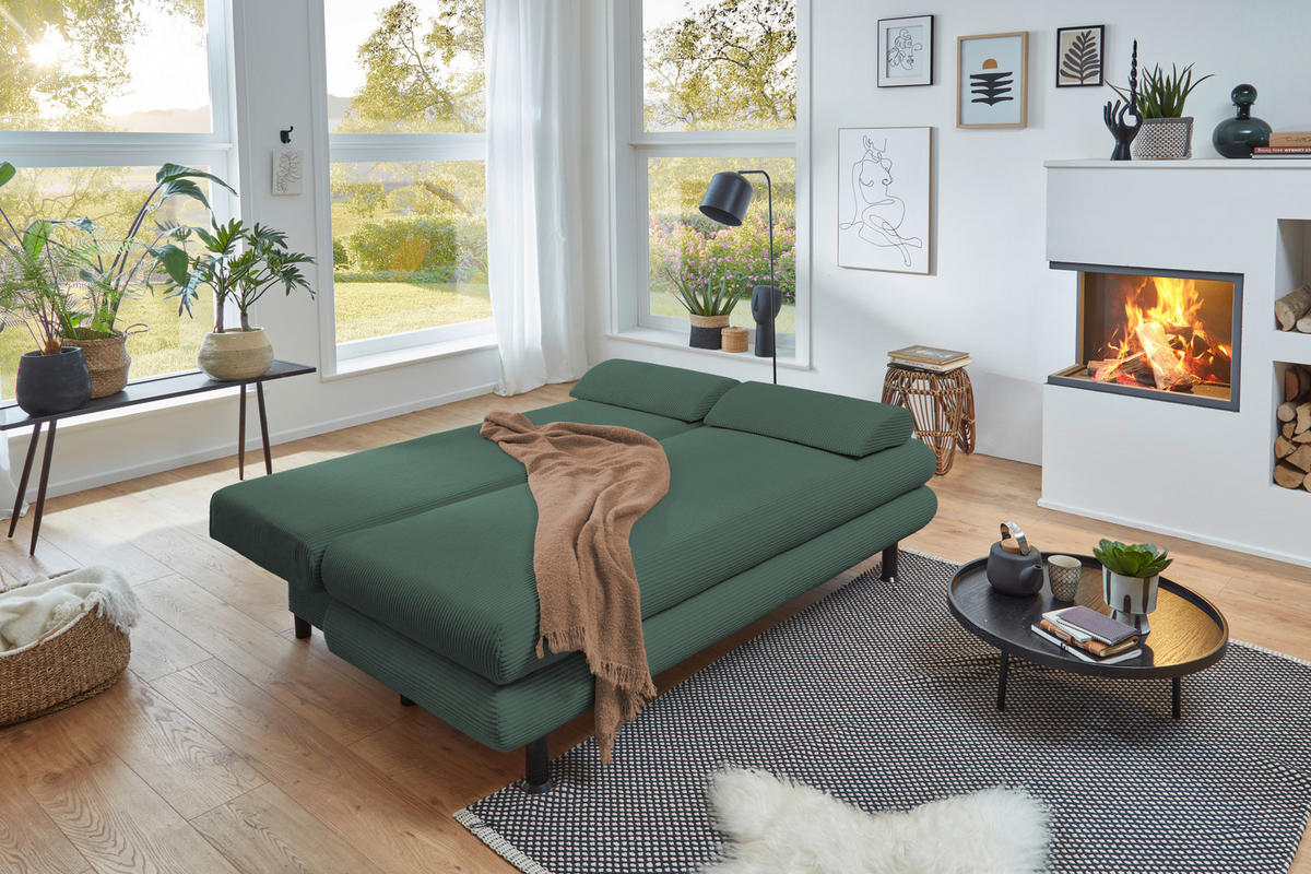 SCHLAFSOFA Cord Grün  inkl. Rückenkissen, Armlehnenkissen, Bettkasten, Schlaffunktion, Rücken echt, Liegefläche im Originalstoff  - Schwarz/Grün, KONVENTIONELL, Kunststoff/Textil (196/77/92cm) - Carryhome