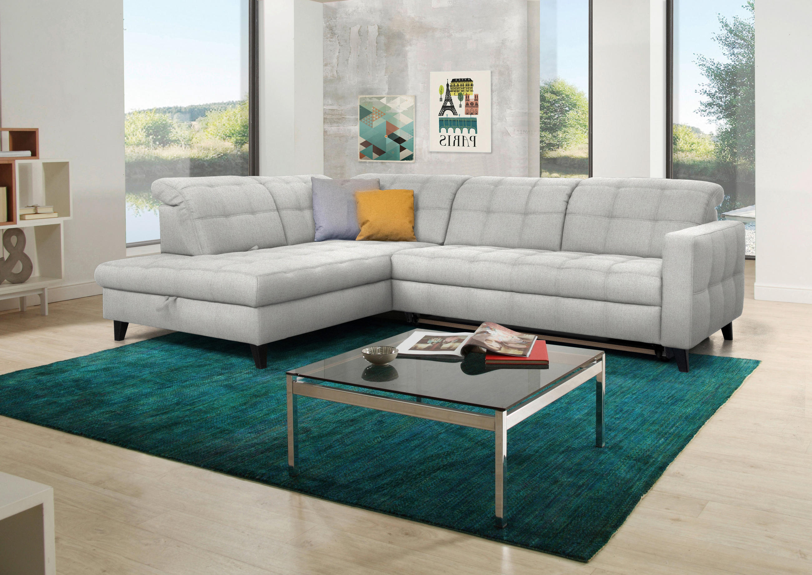 ECKSOFA in Webstoff Hellgrau  - Hellgrau/Schwarz, Design, Holz/Textil (216/297cm) - Xora
