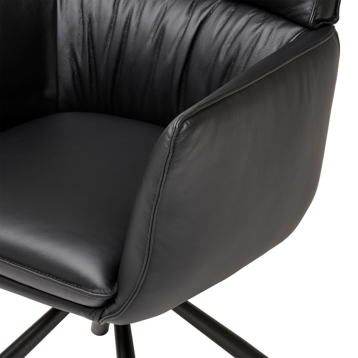 Armlehnstuhl Leder Schwarz  Sitzfläche 360° drehbar, automatische Rückholfunktion  Echtleder  Schwarz  - Schwarz, MODERN, Leder/Metall (64/90,5/64,5cm) - Livetastic