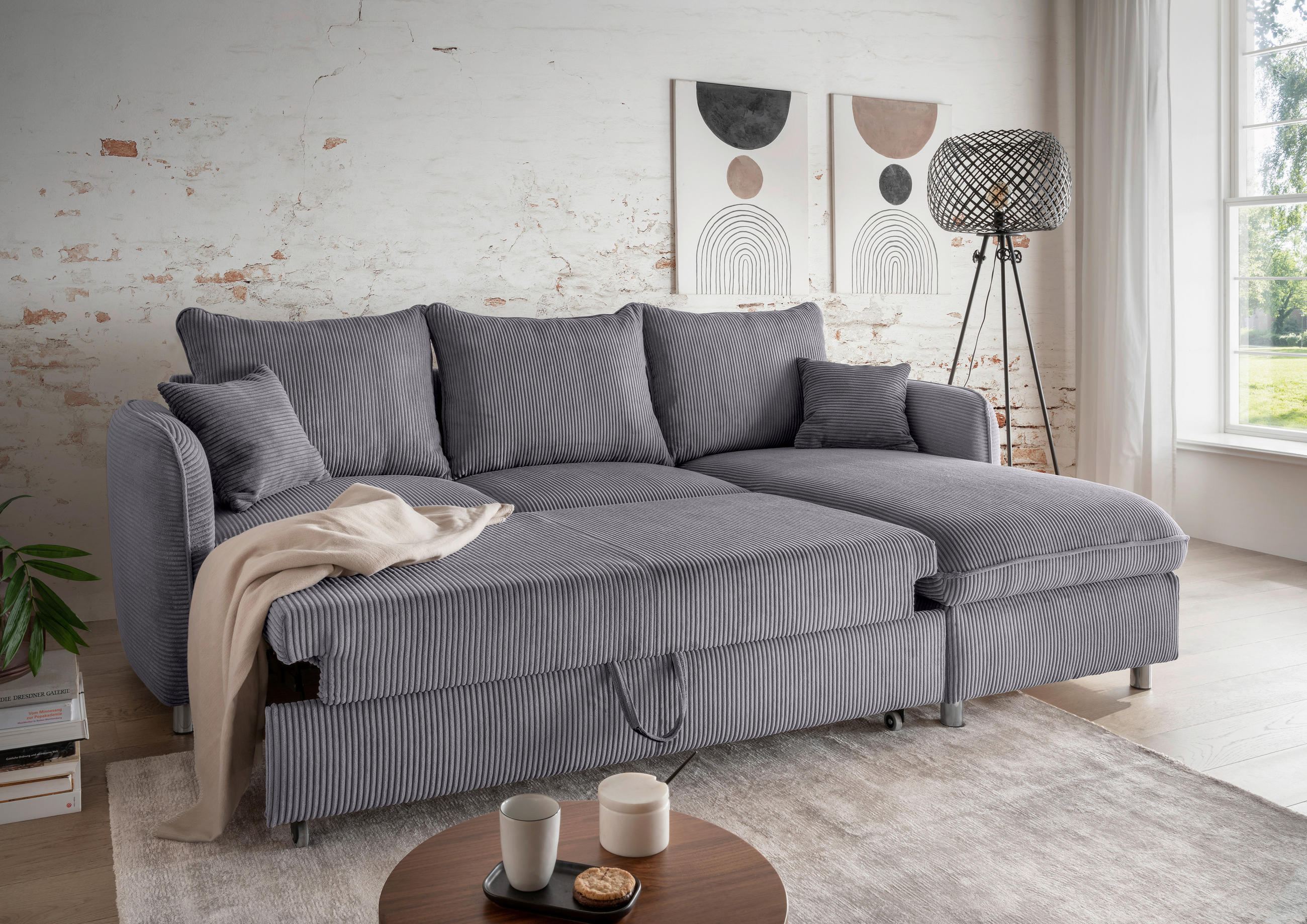 ECKSCHLAFSOFA in Cord Grau  - Chromfarben/Grau, Modern, Textil/Metall (254/160cm) - Livetastic