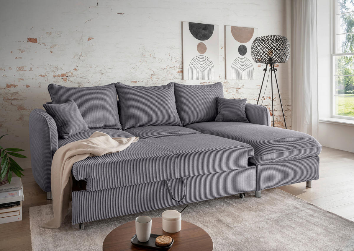 ECKSCHLAFSOFA in Cord Grau  - Chromfarben/Grau, Modern, Textil/Metall (254/160cm) - Livetastic