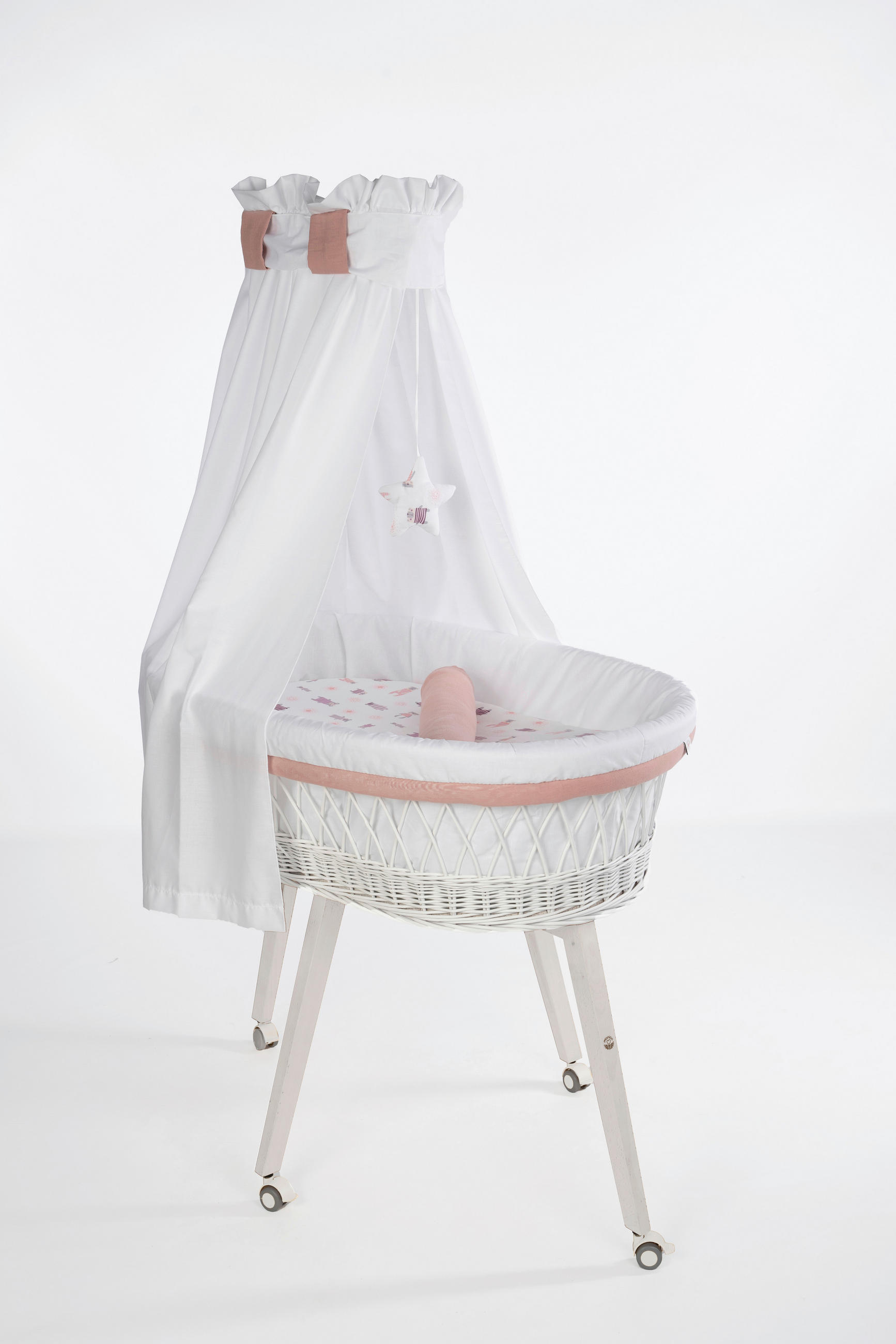 STUBENWAGEN-KOMPLETTSET Babybett Lounge Weiß Pyjamabär Buche  Rosa, Weiß, Buchefarben  - Buchefarben/Rosa, Basics, Holz/Textil (60/167/100cm) - Mionido