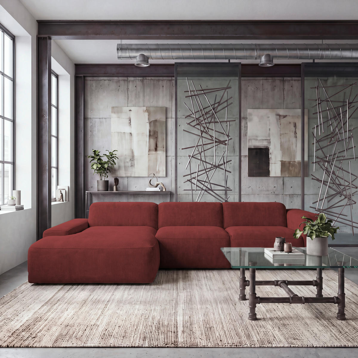 ECKSOFA HANNAH Rot Cord  - Rot/Schwarz, Design, Kunststoff/Textil (170/343cm) - MID.YOU